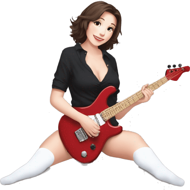 alistic full body caucasian curvy beauty short black skirt front view knickers long white socks sitting playing red drumkit emoji