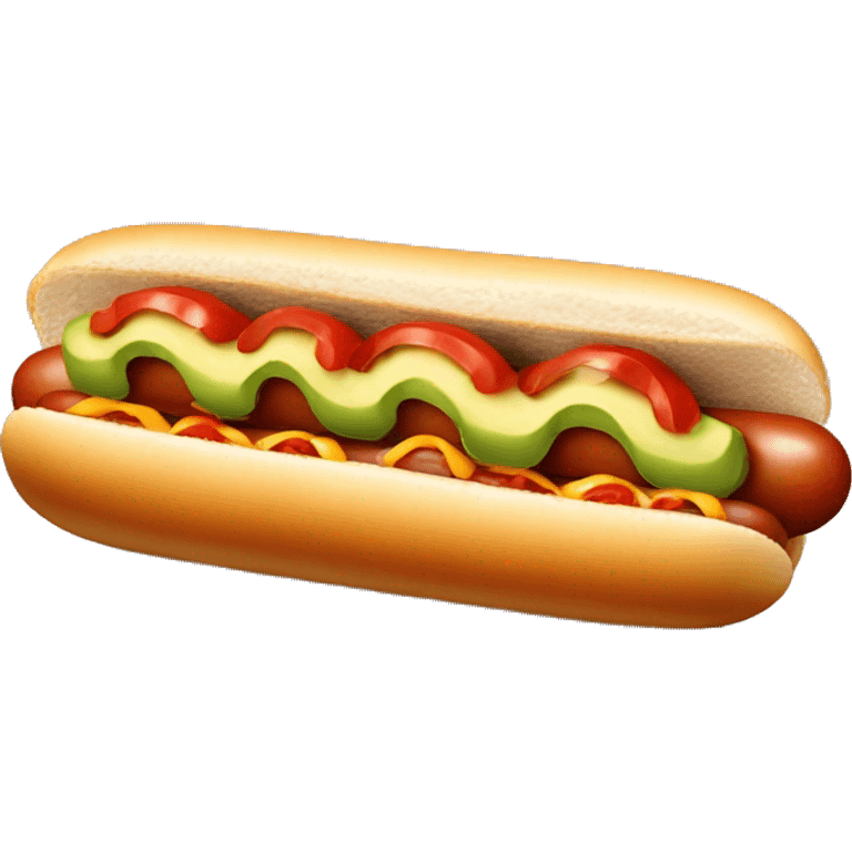 one hotdog with diced tomato, smash avocado and zigzagging mayonnaise emoji