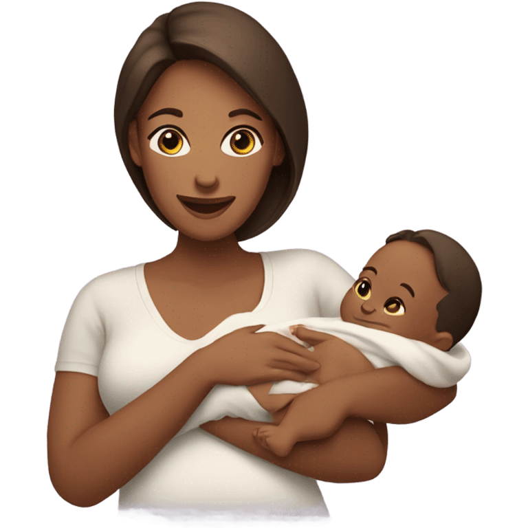 a woman holding her baby after giving birth. the woman have brown hair and looks happy emoji