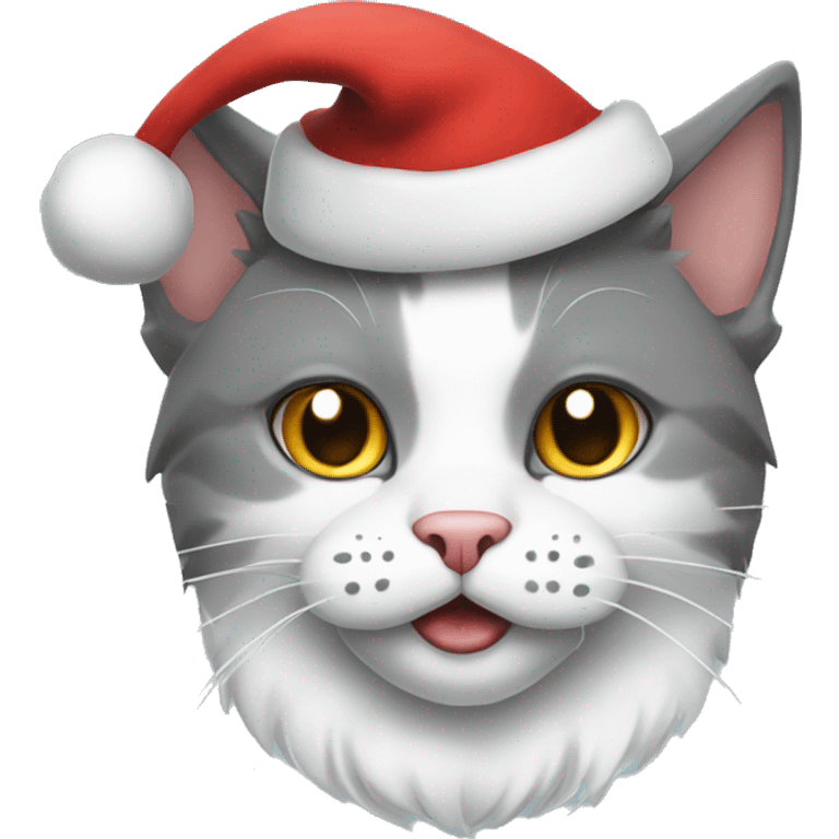 Gray and white cat with a Santa Claus hat emoji