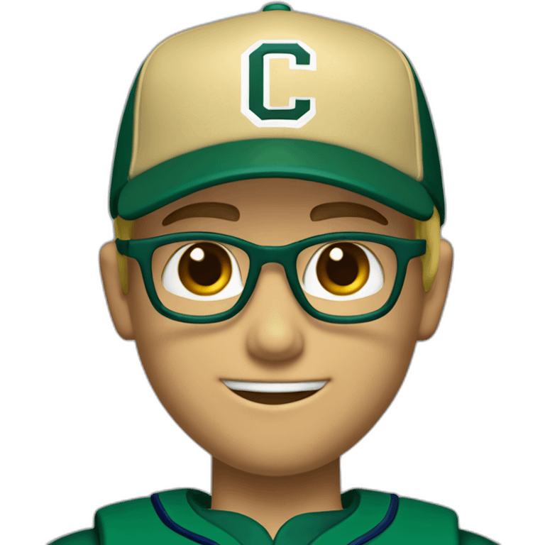 Blonde male short hair with glasses Dark green baseball uniform with hat Blue eyes and with "C" on the dark green hat. make the style slightly 3D with a diagonal angle. Crop from shoulders up emoji