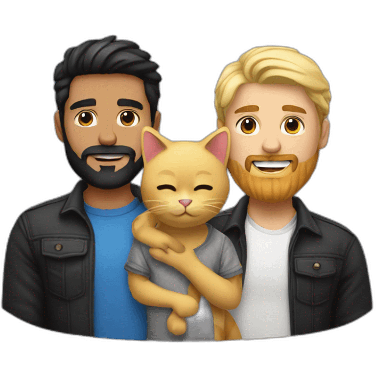 Gay male couple one of them Latino with beard male and the other guy an Australian blonde hair , with a cat in the middle emoji