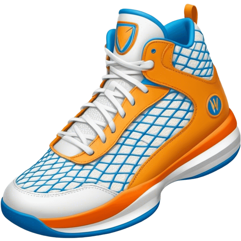 Cinematic Realistic image of a pair of basketball sneakers featuring detailed mesh and leather textures, vibrant color accents and dynamic design lines, illuminated by bold, high-energy arena lighting emoji