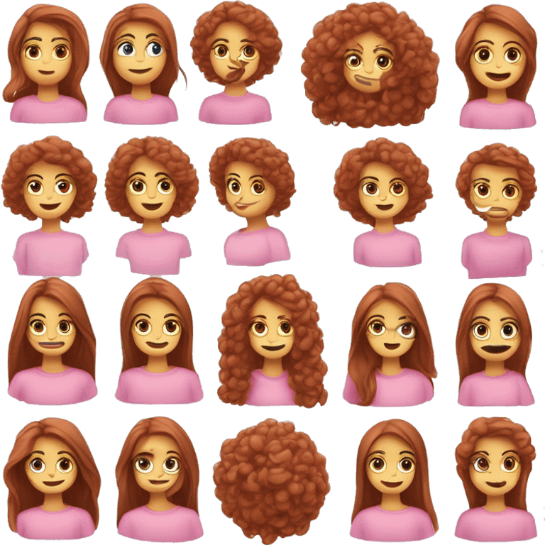 una ragazza con i capelli rossi, lisci , leggermente scalati, pelle chiara , occhi ambra, ciglia nere lunghe, labba rosacee, con una maglia rosa emoji