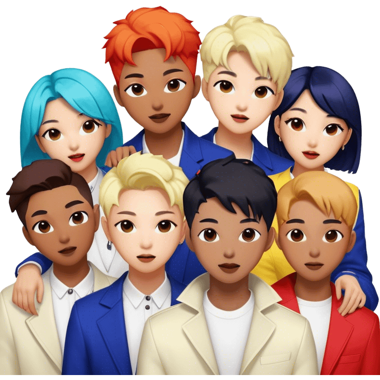 Cinematic Realistic BTS Portrait Emoji, depicted as a dynamic energetic portrayal of the global K-pop group with stylish modern attire and vibrant expressions, rendered with rich textures and bold contemporary lighting that captures their youthful charisma. emoji