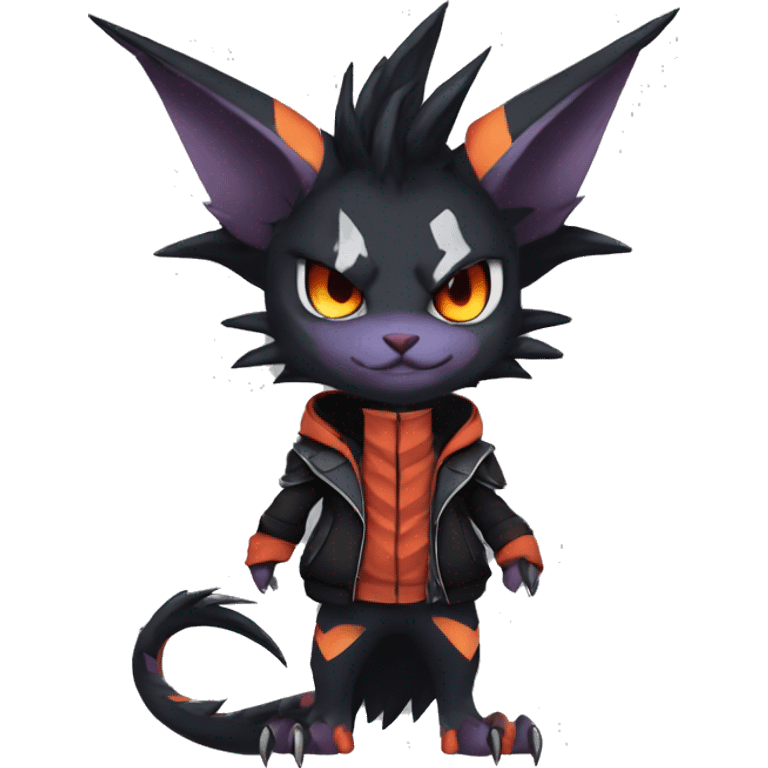 Cool Anthro Black Noivern-Nargacuga-Litten-Pokémon with edgy stripes hoodie spiked collar punk Full Body emoji