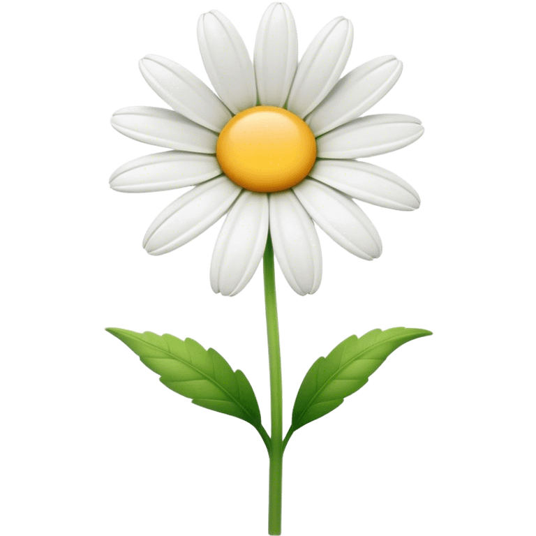 Cinematic Realistic Daisy Emoji, Cheerful and pure, with bright white petals surrounding a sunny yellow center, standing proudly atop a slender green stem. The soft, vibrant petals seem to radiate positivity, while a few green leaves frame the delicate flower. Soft glowing outline, capturing the essence of simplicity, innocence, and happiness in a single daisy. emoji