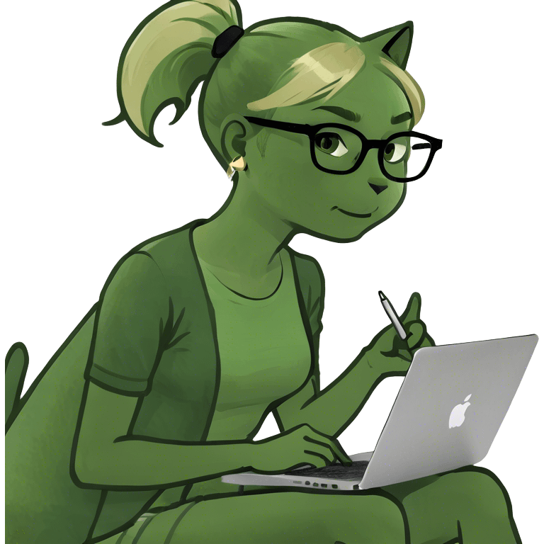 Blonde woman ponytail green eyes with cat and MacBook emoji