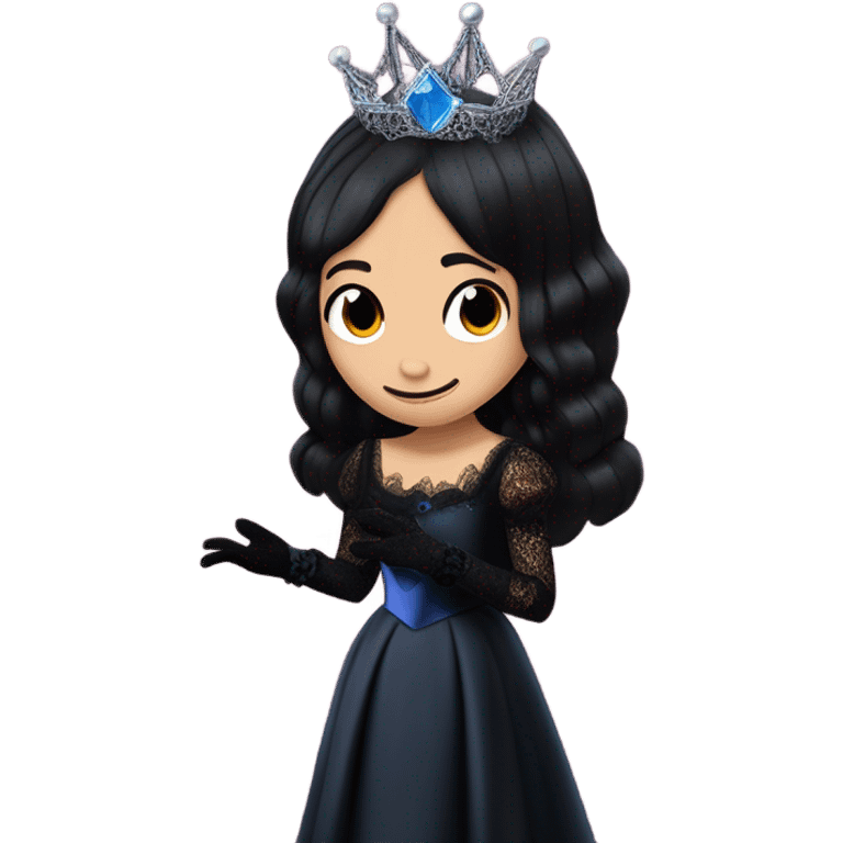 relaxed low-cut back silky black evening ball gown with lace gloves, Jenna Ortega as Wednesday Addams wearing a mini diamond tiara showing off blood blue cute horned old dragon hand-puppet emoji