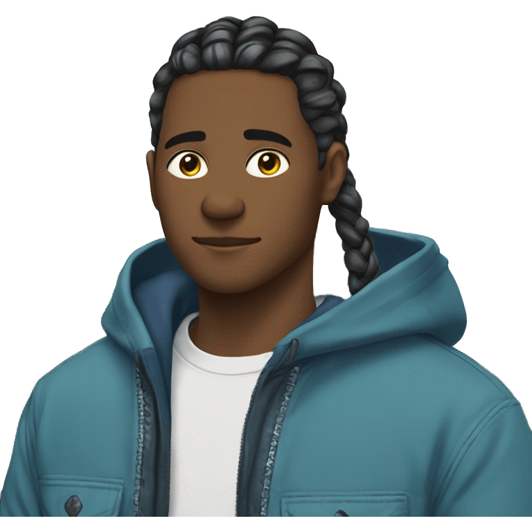 Large African man with braids and blue zip up jacket with anime shirt under jacket  emoji