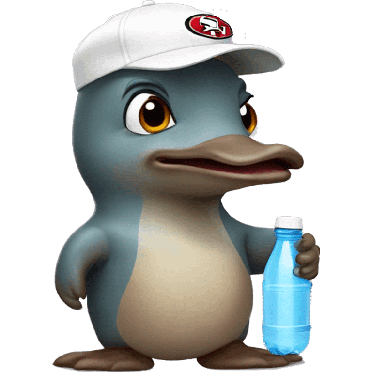 cartoon platypus wearing a white 49er hat holding water bottle emoji