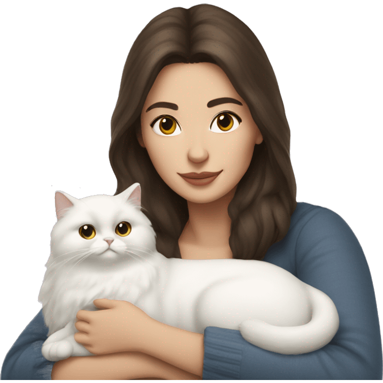 Brunette woman snuggling white Persian cat emoji