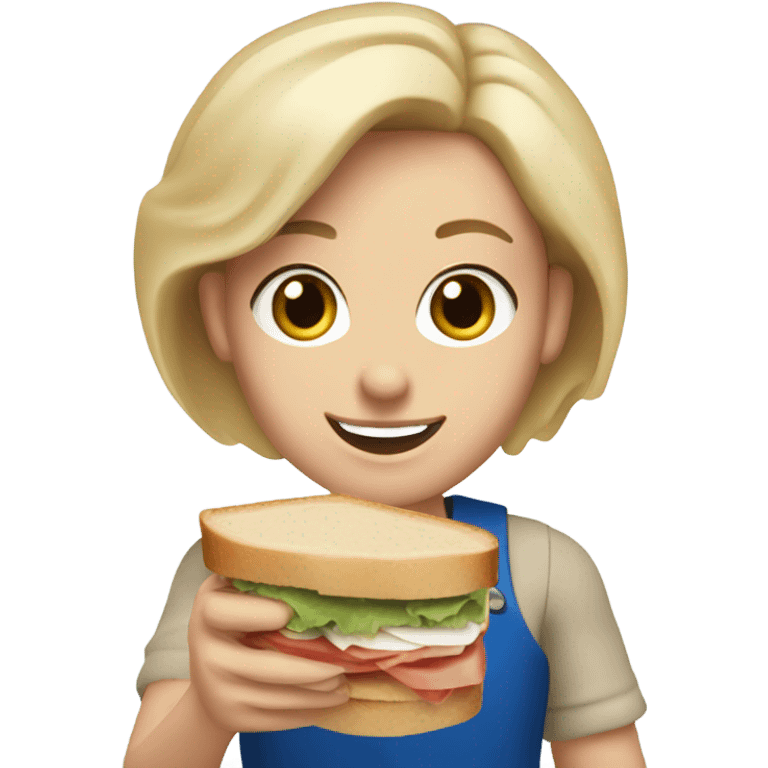 Jersey Mikes employee with blue eyes and blonde hair holding a sandwhich emoji