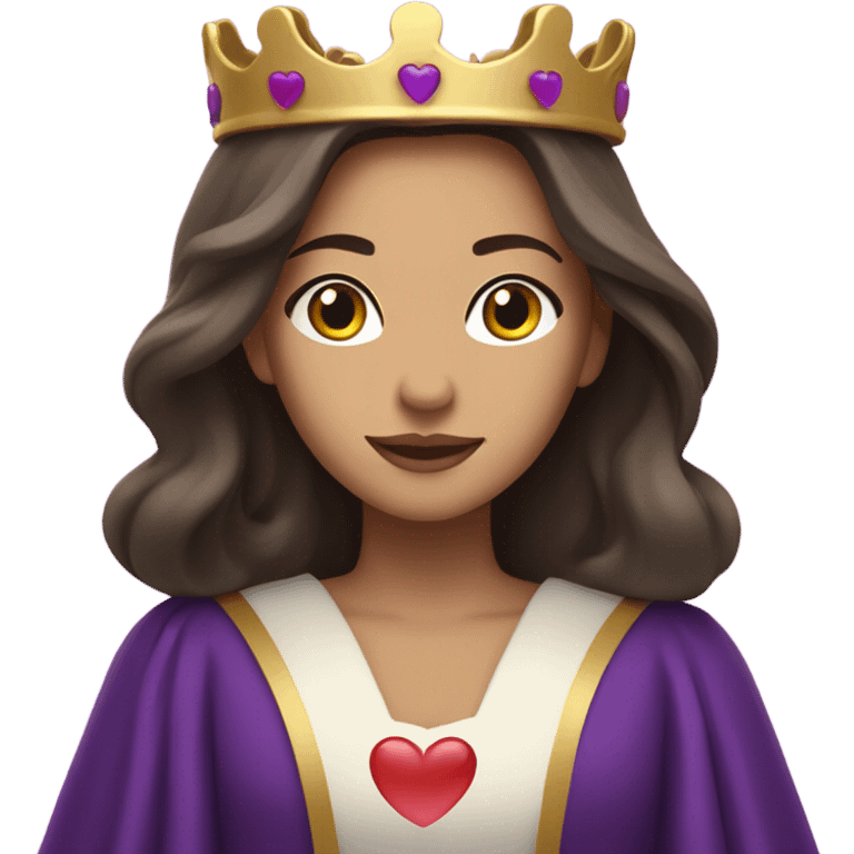 Caucasian long  brunette woman wearing formal royal purple robes and a crown. A burst of hearts are floating around her emoji