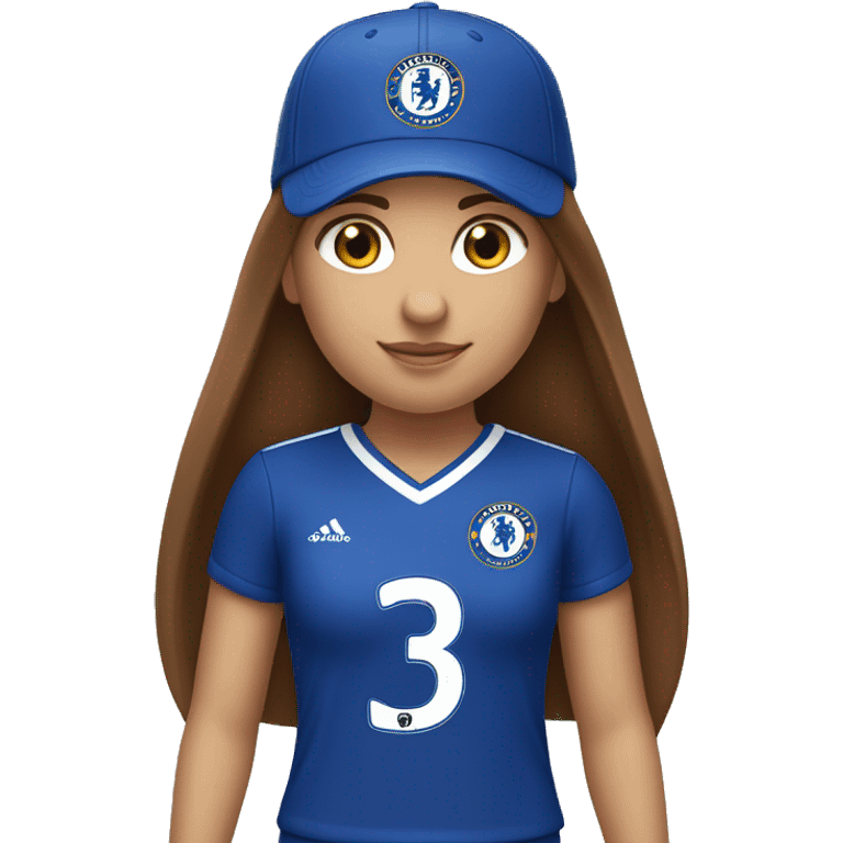 girl with long brown straight hair wearing a chelsea fc trikot and a f1 ferrari cap emoji