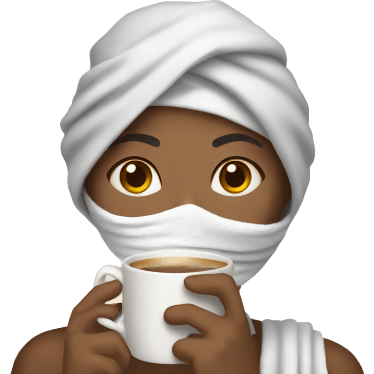 Girl with a towel on her head, a mask on her face and a cup of coffee in her hand emoji