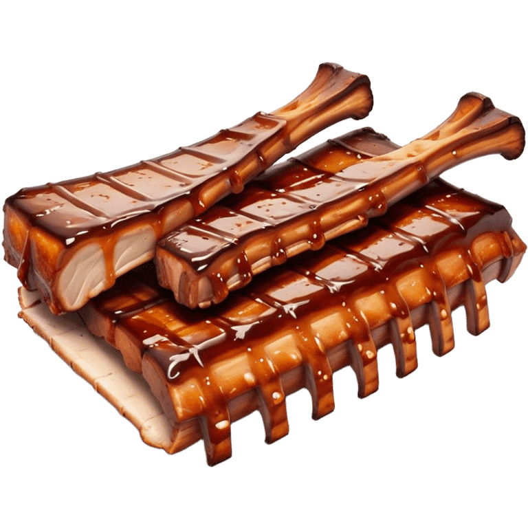 Cinematic Realistic Barbeque Ribs Dish Emoji, depicted as succulent, slow-cooked ribs with a sticky smoky glaze rendered with rich textures and dynamic, appetizing lighting. emoji