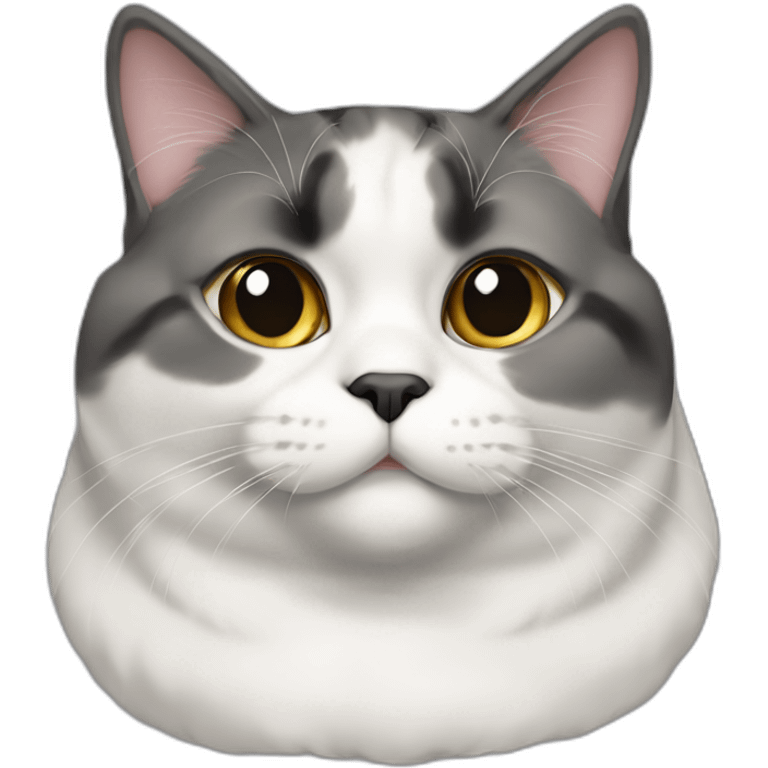 senior fat diluted calico cat, white chin, black nose, grey ears, grey and white emoji