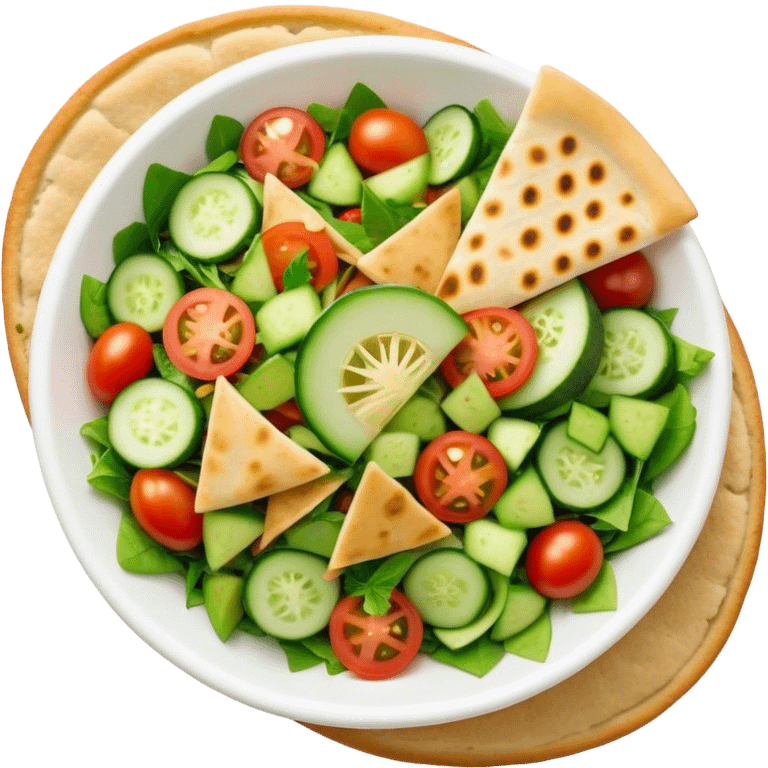 Cinematic Realistic Fattoush Salad Dish Emoji, depicted as a colorful medley of greens, tomatoes, cucumbers, and crispy pita rendered with vibrant textures and refreshing lighting. emoji