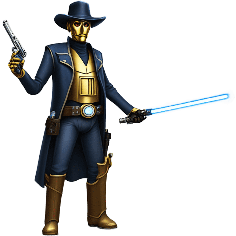 friendly frantic bounty hunter tarnished undercover tough well-equipped Jedi life-sized darkblue-pearl C3po leather vest clothing pants and vest old west duster coat holding light saber sheriff holstered gun hat floating emoji