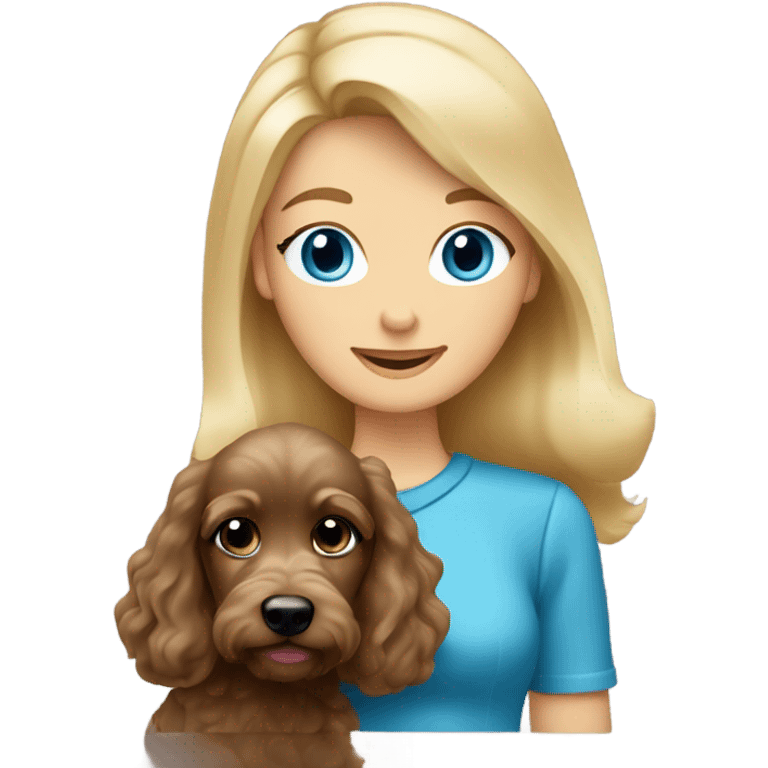 Old blue eyed blonde lady with long straight hair with dark brown Cockapoo puppy dog emoji