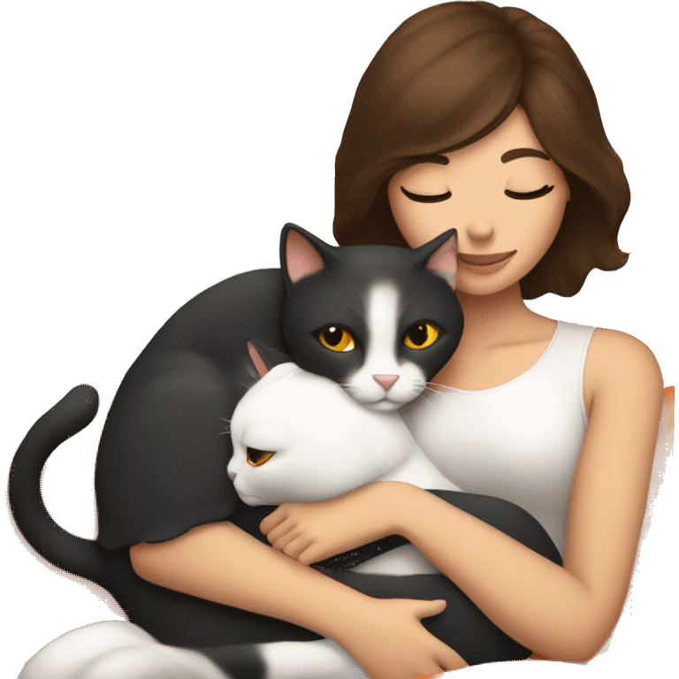 Brunette woman snuggling white orange cat emoji