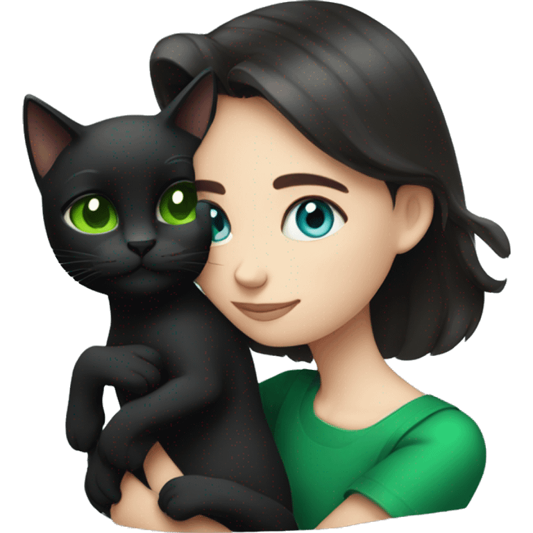 Blue-eyed brunette girl hugging black cat with green eyes emoji