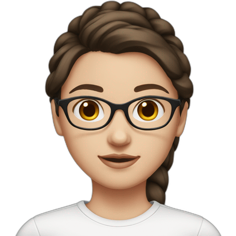 white girl with dark brown hair with two ponytails in a white shirt with pink on her face and wearing glasses emoji