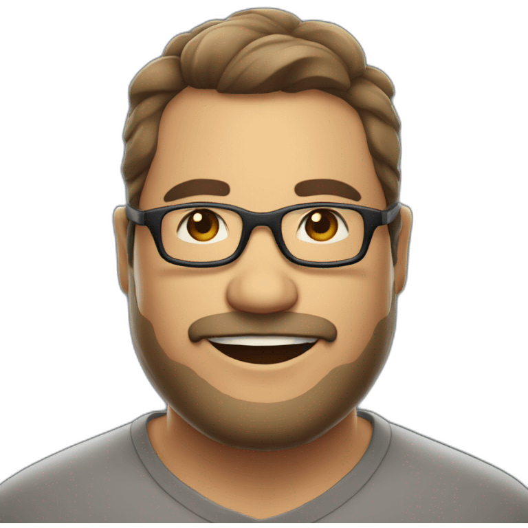 Mid age smiling chubby developer with light brown skin beards and glasses and a very short dark hair emoji