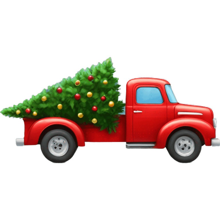 Old red truck carrying a Christmas tree front view  emoji