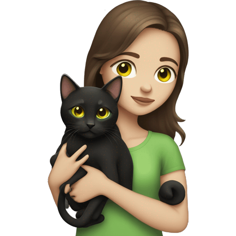 girl with brown hair with green eyes holding a black cat with yellow eyes emoji