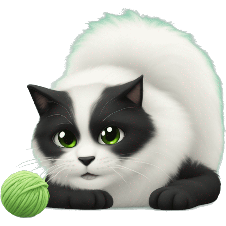 Gato blanco y negro peludo jugando con un ovillo de lana verde emoji