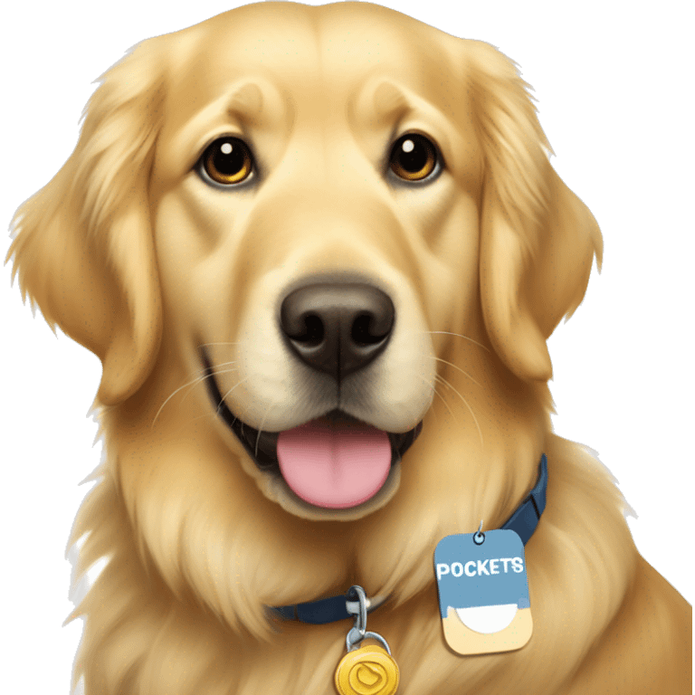 golden retriver with name tag that says pockets emoji