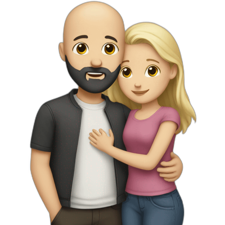 Bald white boy with black beard hugging a girl emoji