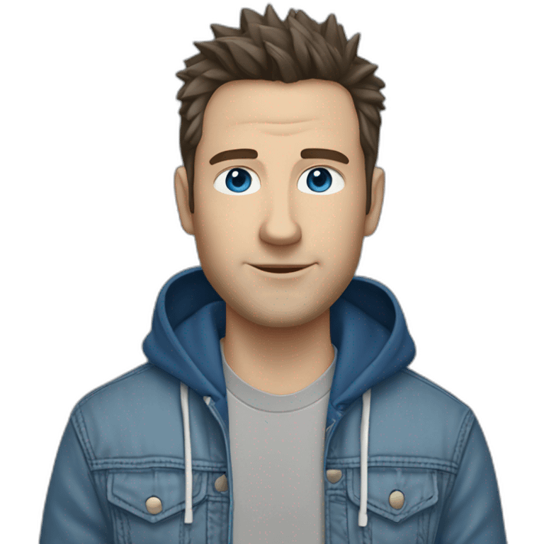 white male adult, Dark Brown Spikey Hair, Blue Eyes, Grey Hoodie, Blue Jeans, Converse shoes emoji