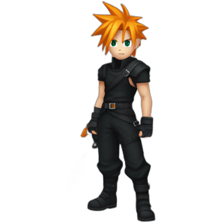 cloud strife with orange hair. Black clothes full body  emoji