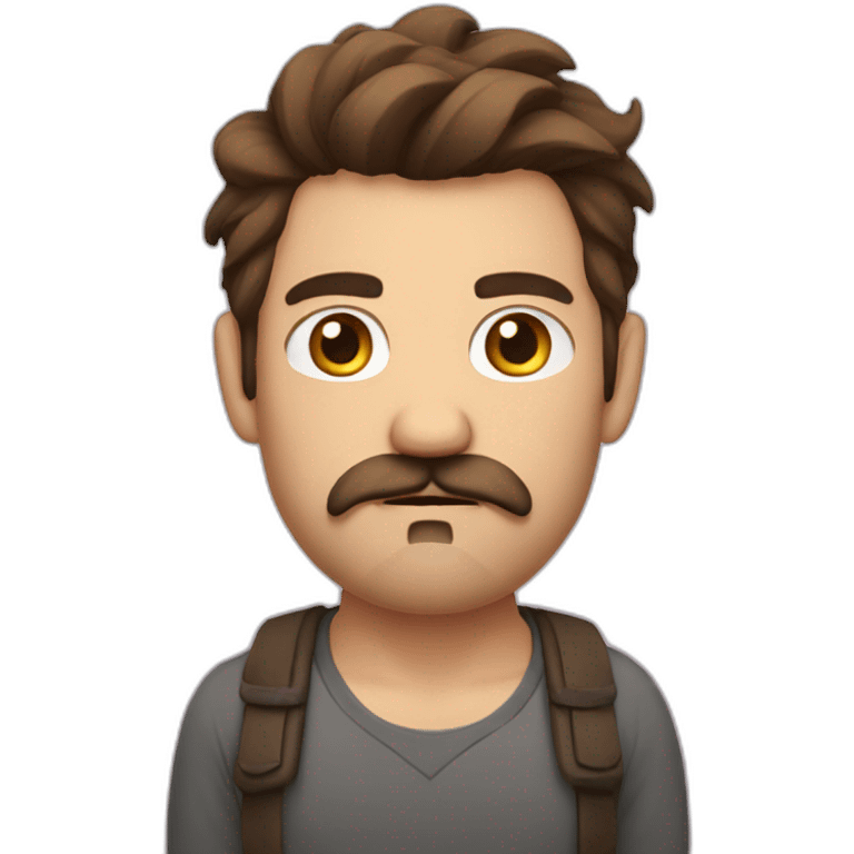 Grumpy young man with brown hair and stache and beard emoji