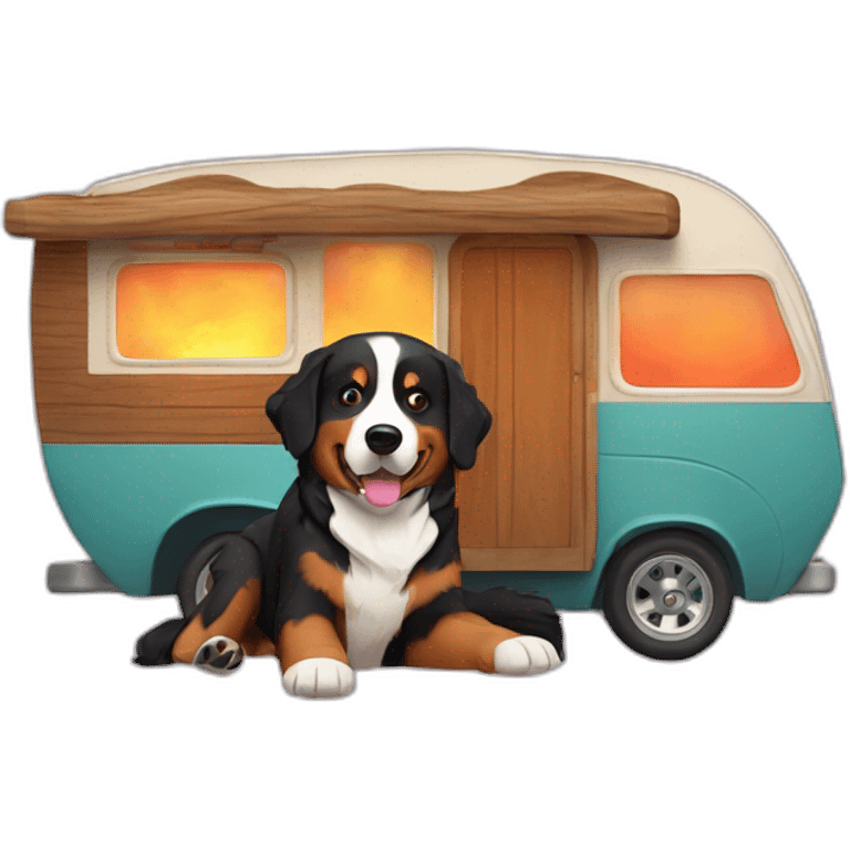 bernese mountain dog driving camper and wood-fire emoji