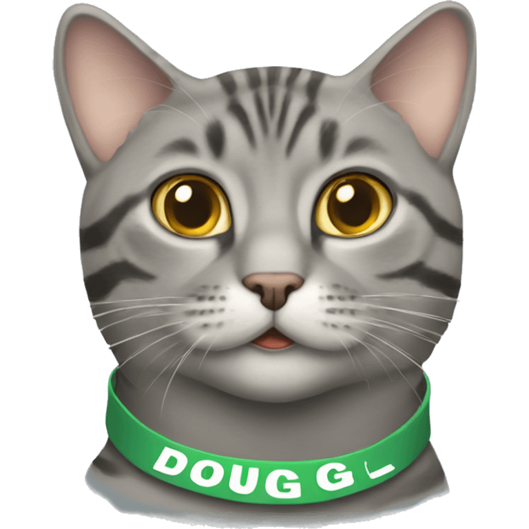 Grey tabby cat wearing a name tag that says Doug emoji