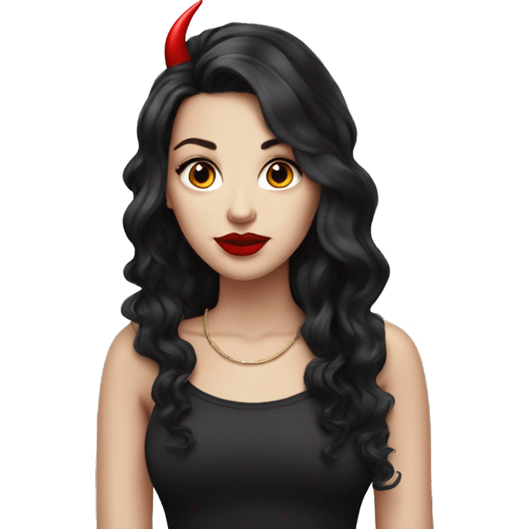 White Girl, red lipstick with red horns with long curly black hair emoji