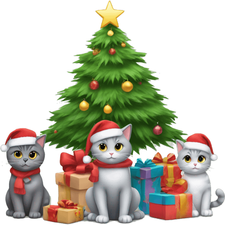 Four gray cats sitting under a Christmas tree  emoji