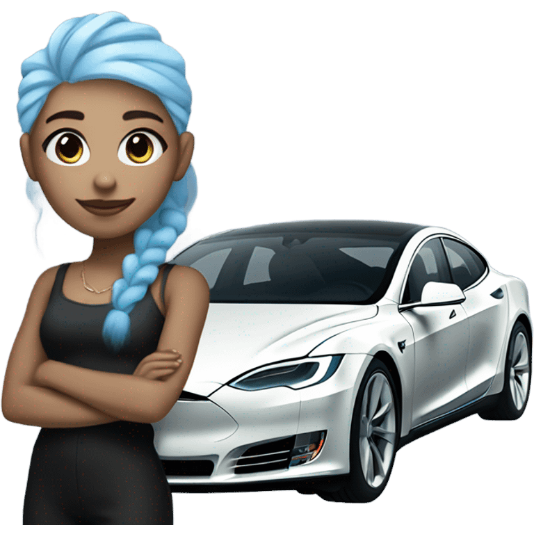 white skin girl with blue hair in black clothes standing next to tesla car emoji