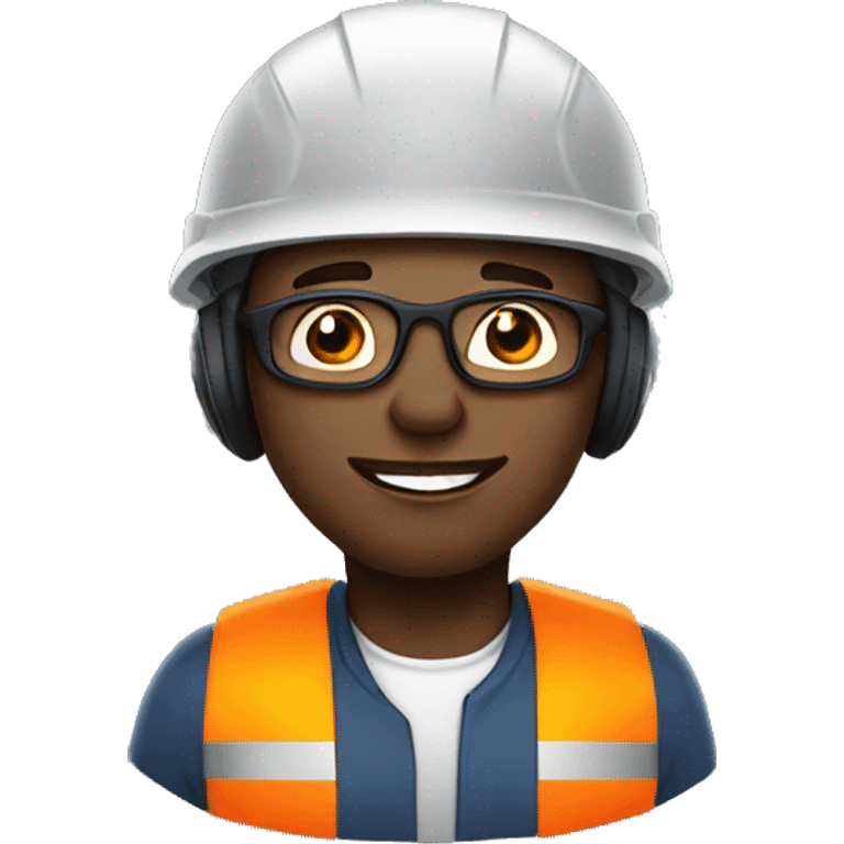 Black man wearing a safety helmet, safety glasses and earplugs emoji