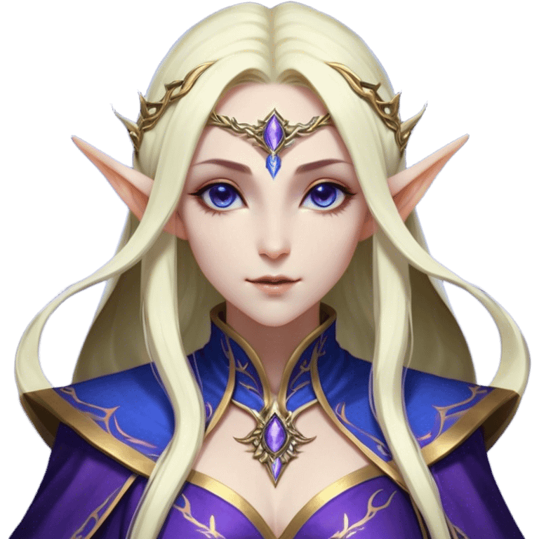 Cinematic Realistic WoW Elf Mage Portrait, head tilted epicly and inquisitively, showcasing a commanding presence and graceful arcane power. Her luminous, porcelain-like skin and delicate features, framed by an intricately detailed robe in deep blues and purples with golden accents, are rendered with lifelike clarity and dramatic, mystical lighting, high shine, epic and awe-inspiring, embodying the timeless magic of an elven mage poised to reshape destiny. emoji