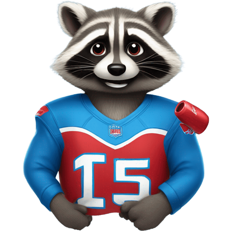 A cute raccoon holding a red bull drink, wearing a blue Detroit lions jersey  emoji