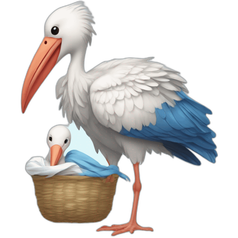 White stork carrying a blue bundle of cloth in its beak that has a human person cute baby with and the human baby head is peeking from the fabric bundle the strok is carrying with its beak emoji