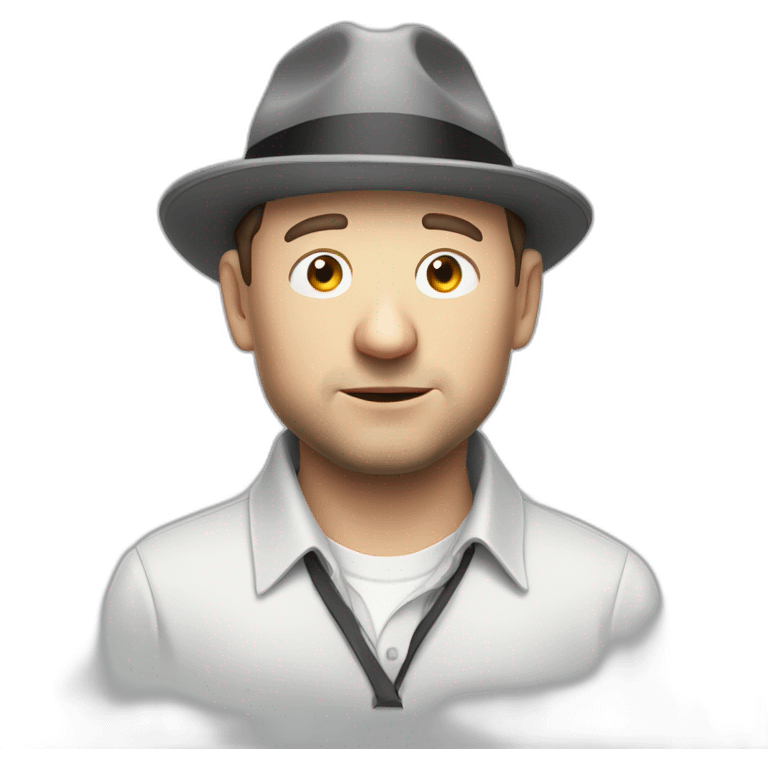 tim robinson wearing a grey fedora white shirt only looking scared and sad side view emoji