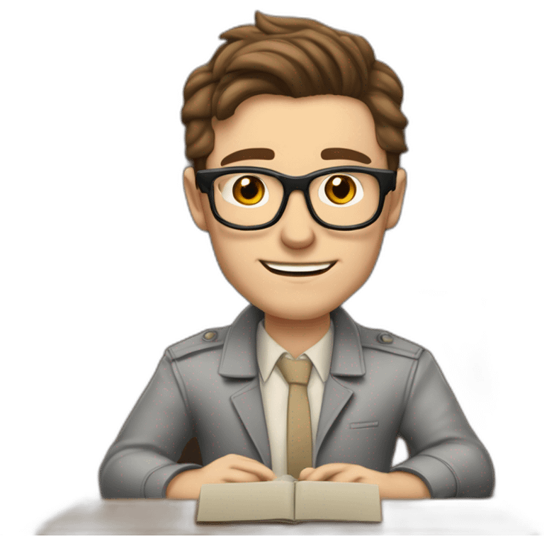 Pale skinned Fit Man With dark brown hair in gray jacket, beige office shirt, Brown pants and vintage glasses In the joke cap sitting In a soft chair with a notebook and a pen  emoji