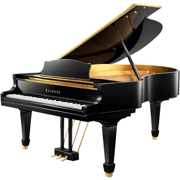 Cinematic Realistic Piano, glossy black grand piano with elegantly curved edges, pristine white and black keys, soft golden light reflecting off its polished surface, faint reflections of a musician’s hands, glowing with refined elegance and musical depth. emoji