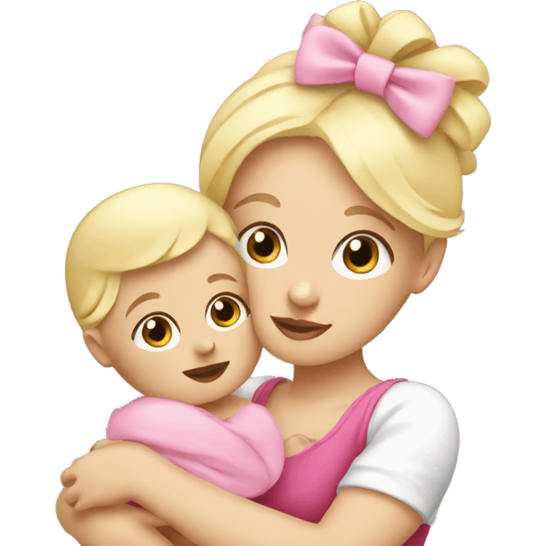 white blonde woman cuddling baby with big pink bow on her head emoji